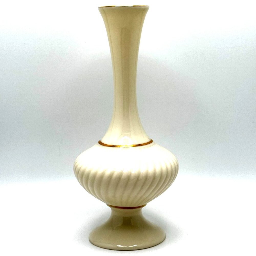 Lenox Savoy Collection Swirl Ribbed Bud Vase Cream & Gold Accents 7" Tall